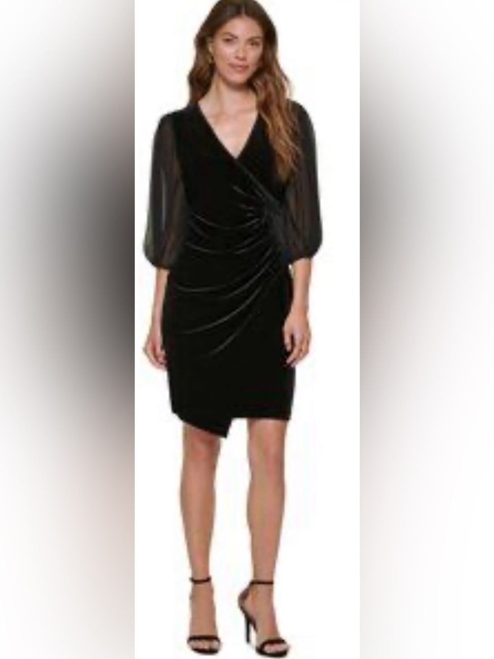 DKNY NWOT Woman’s 14 Black Velvet V-Neck Puff Sheer Sleeve Dress